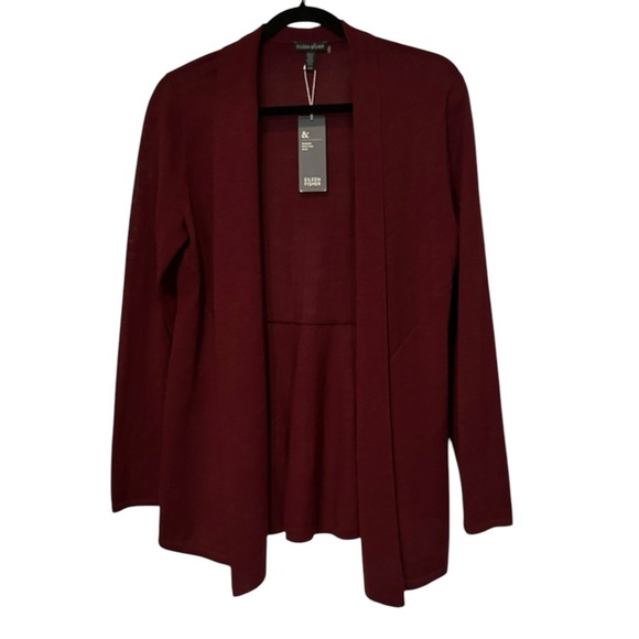 EILEEN FISHER wine/burgundy 100%washable wool crepe jersey shaped cardigan M-NWT - Picture 4 of 13